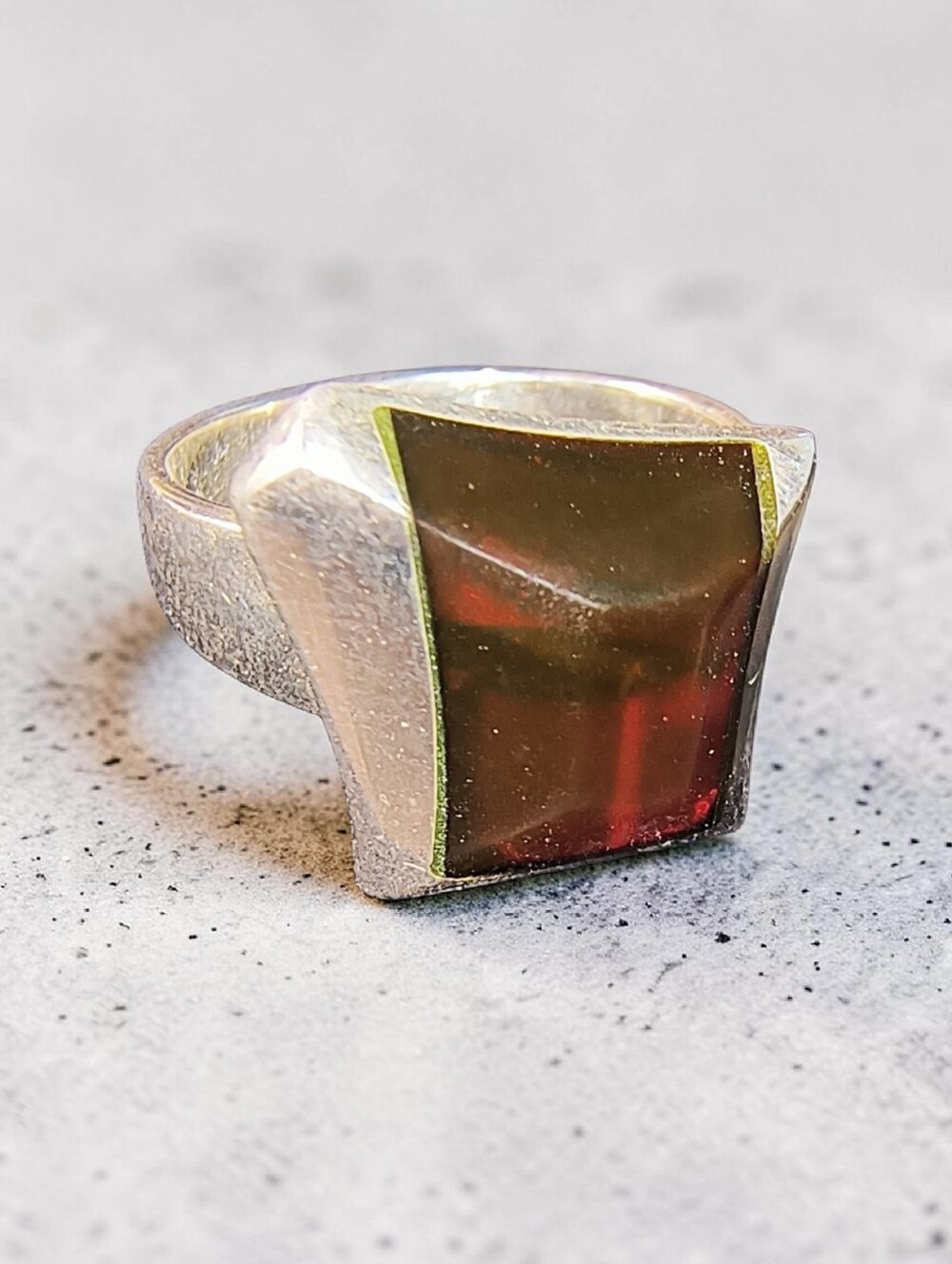 Genuine Baltic Amber And Sterling Silver Signed Modernist Ring